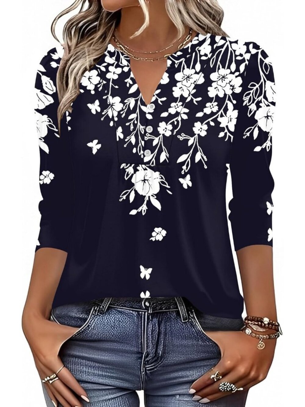 Women's Navy White Long Sleeve Casual Henley V-Neck Floral T-Shirts Loose Fit - Picture 3 of 5